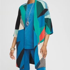 Chico's Open-Front Geometric Print Cardigan in Teal, Blue & Coral